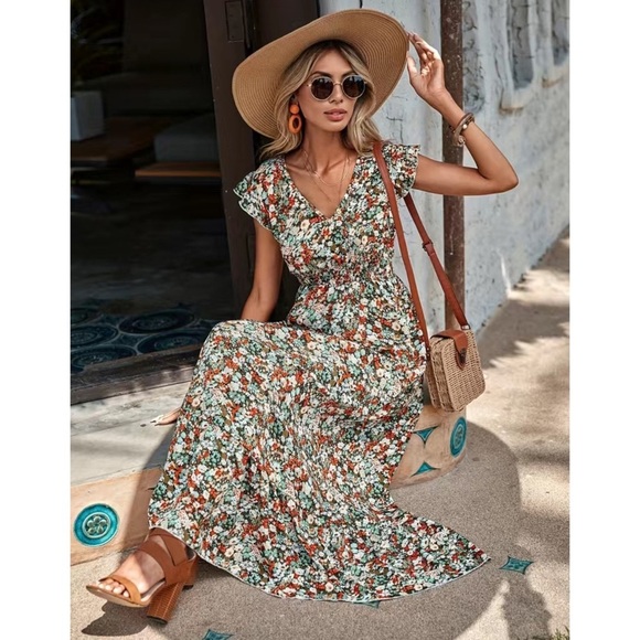 Women’s Ditsy Floral Ruffle Trim V Neck Smocked Waist Boho Maxi Dress NWT - Picture 6 of 8